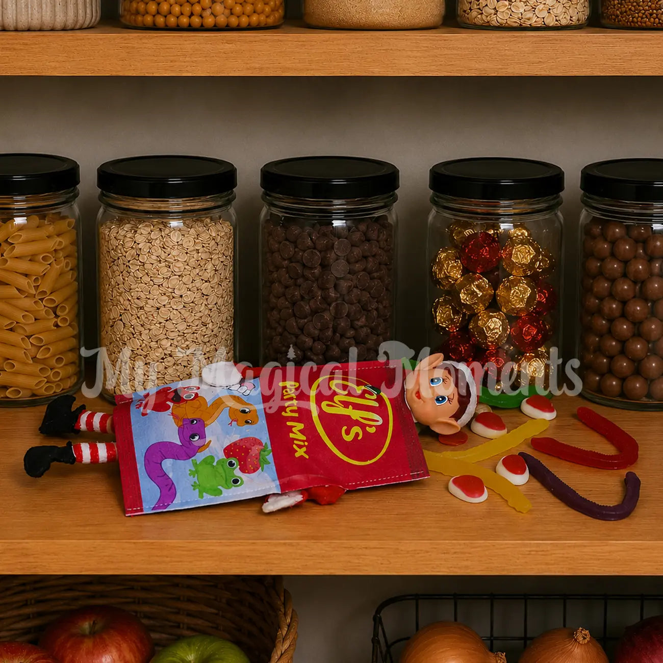 elf wearing a lollie bag costume with lollies around them
