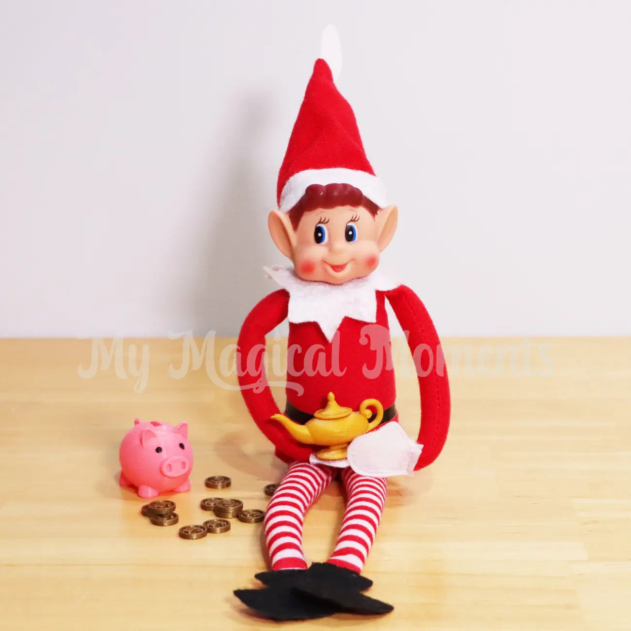 Elf rubbing a magic lamp with a piggy bank full of coins