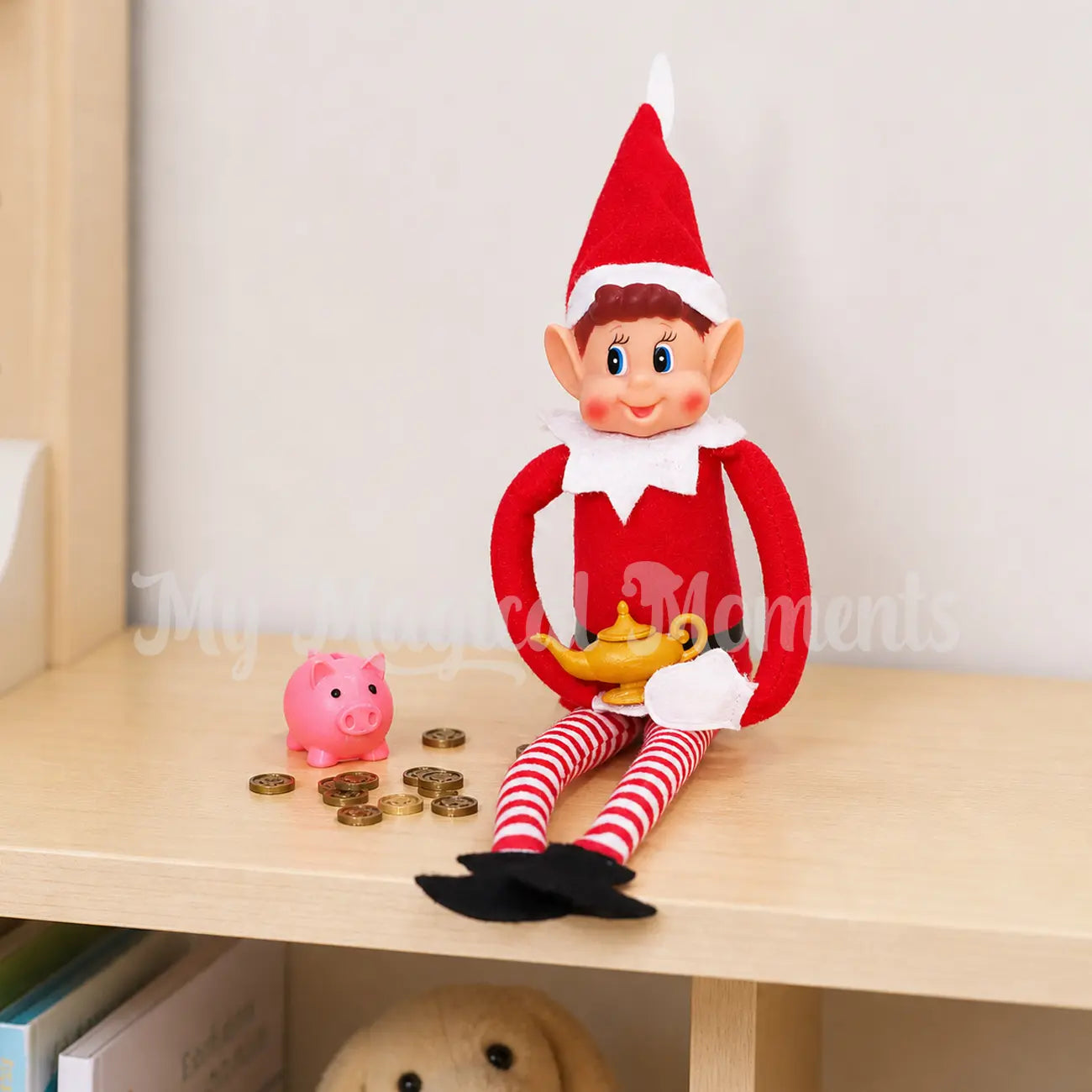 Elf rubbing a magic lamp with a piggy bank full of coins