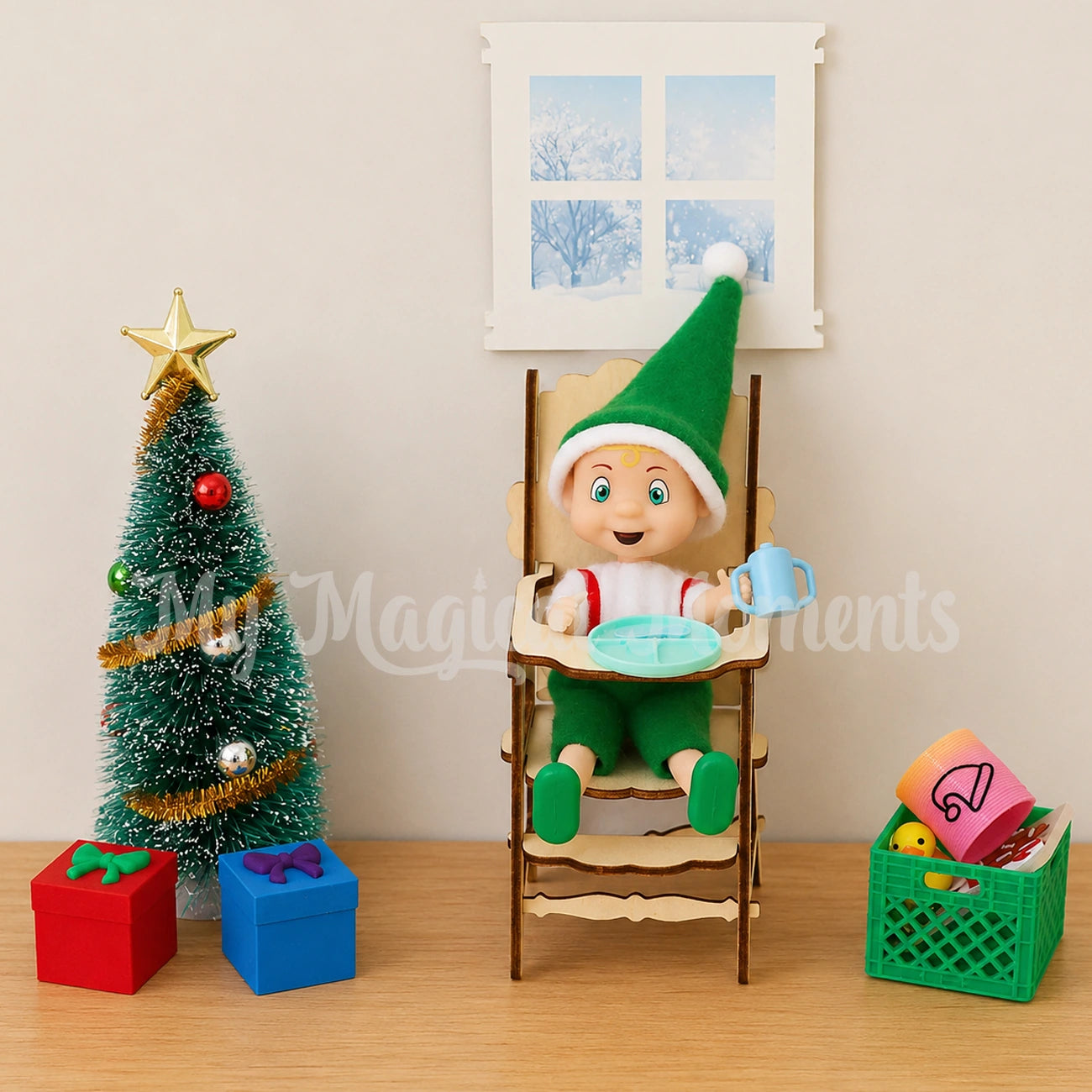 Elf toddler in high chair with sippy cup, plate and mini elf props