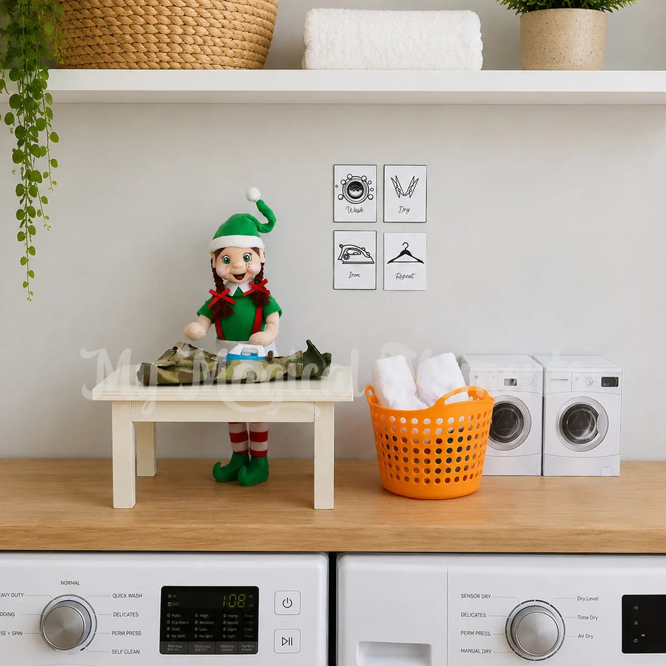 Elf ironing on a wooden mini table and washing basket