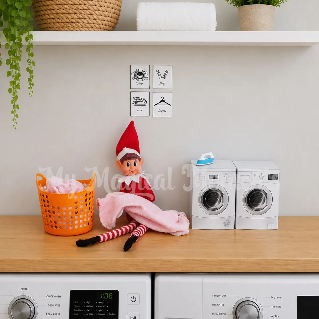 Elf Doing washing with miniature washing machines