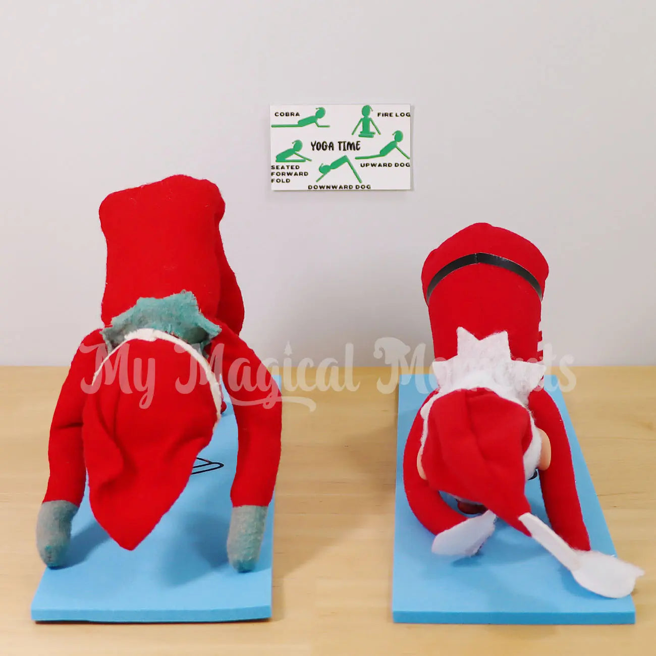 Elves doing yoga poses on an mini yoga mat
