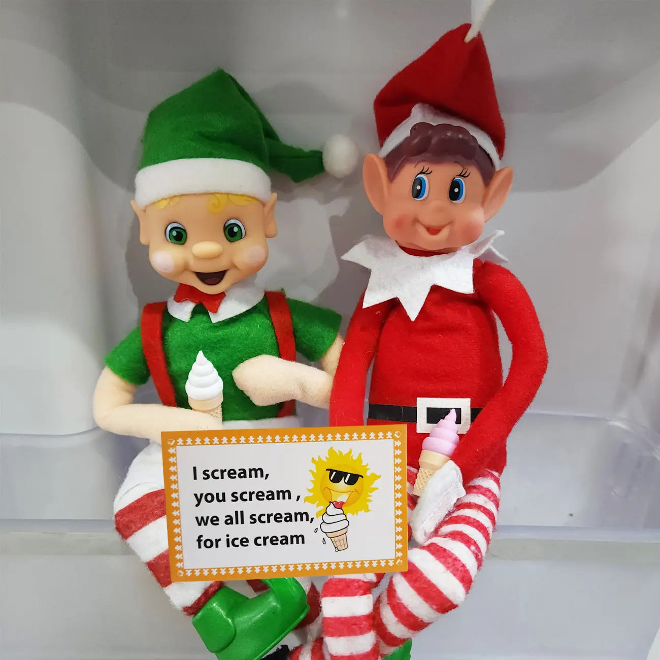 Elves sitting in freezer eating soft serves