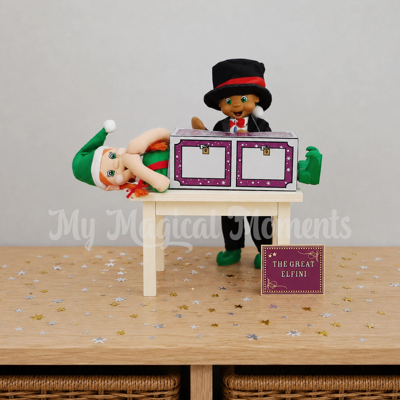 My Elf Friends Black Hair Elf dressed as a magician sawing an elf in half