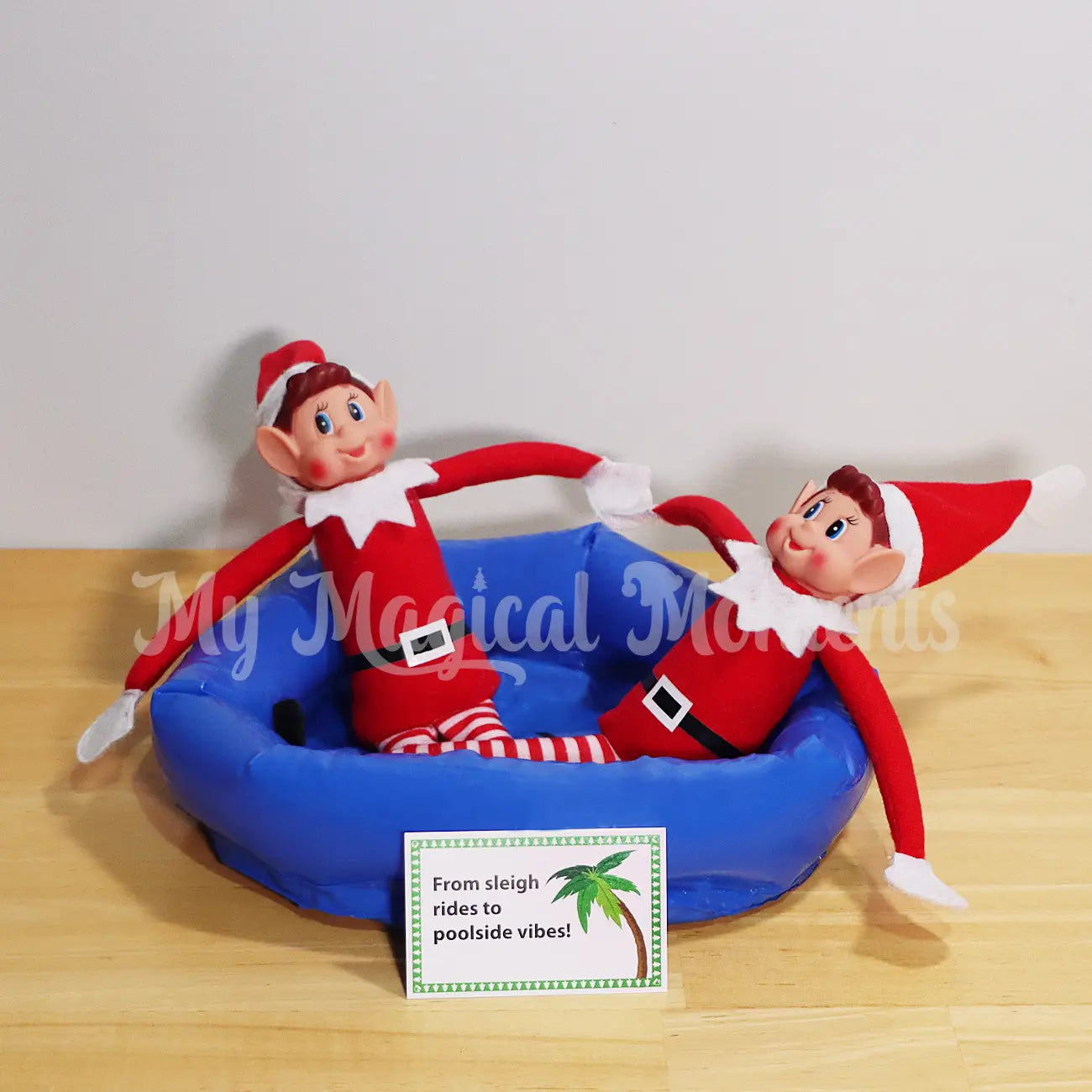 Elves behavin badly chilling in a mini pool with a sign