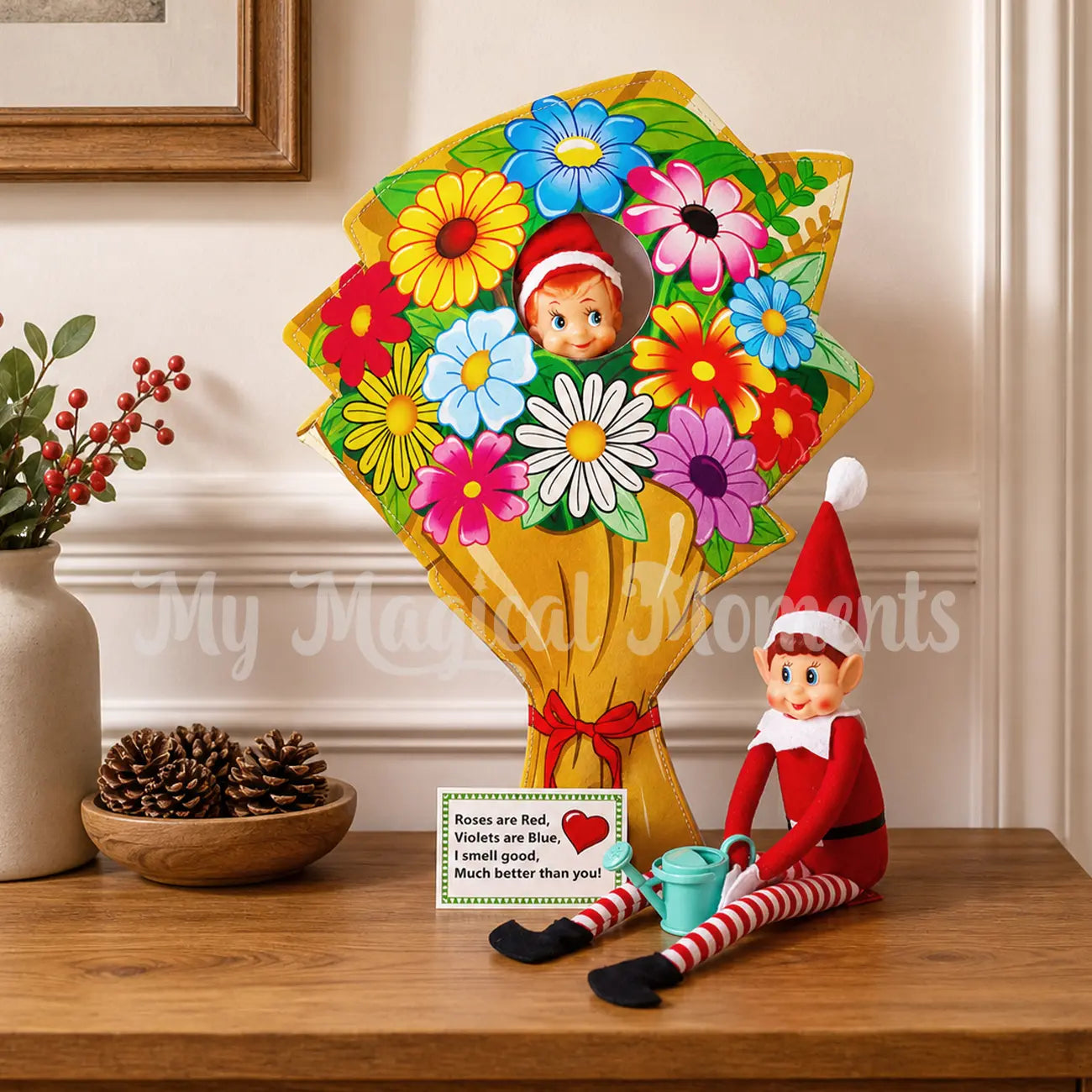 elf shelf wearing a flowers costume with elves behavin badly using a watering can on the bouquet