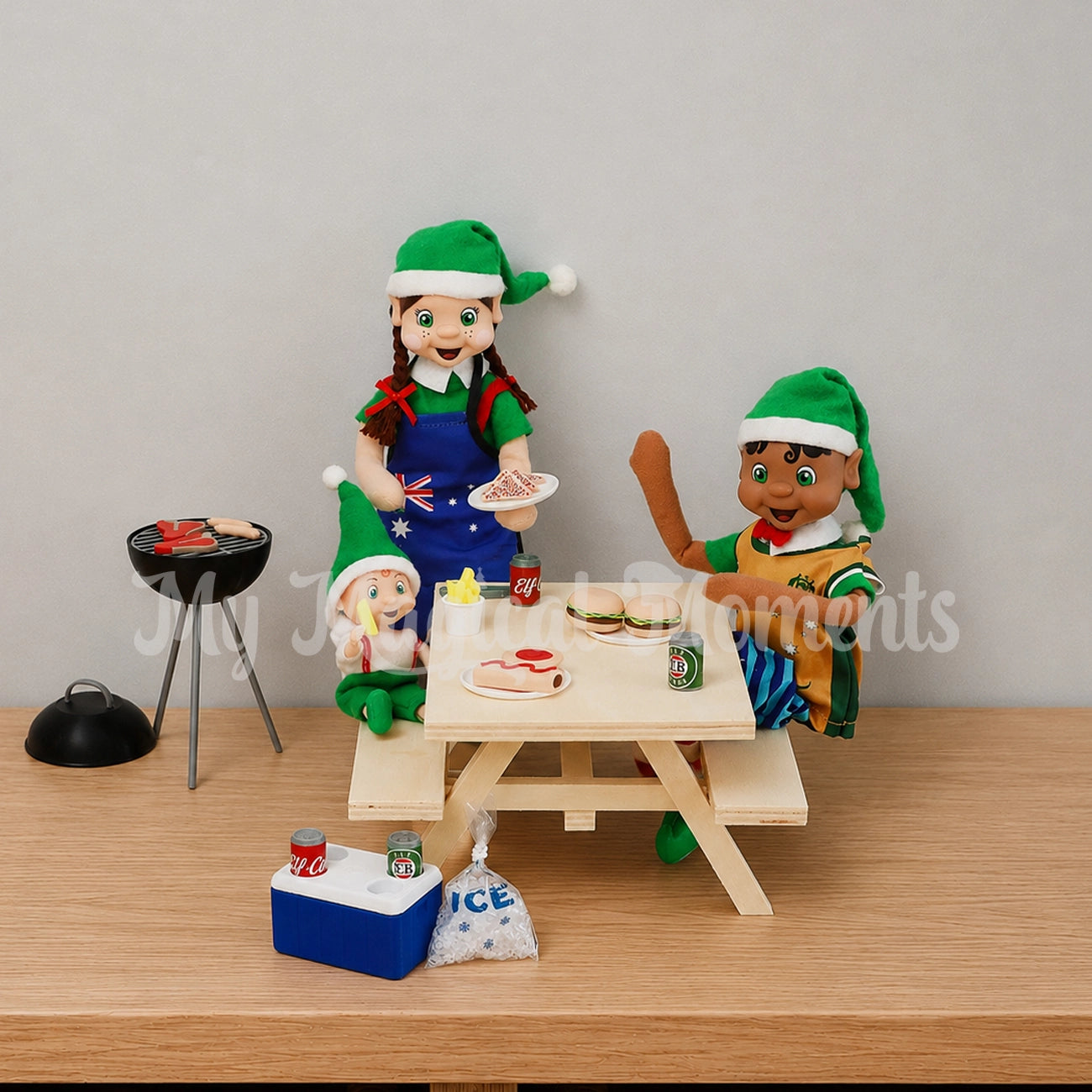 elves having a family picnic with miniature elf food, burger, bbq and esky found