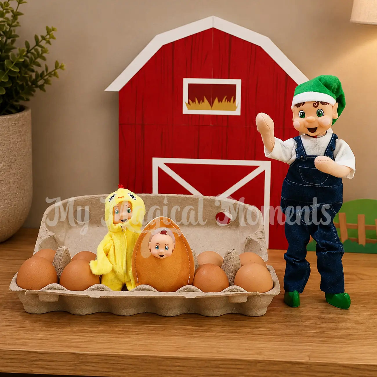 Brown Hair Elf wearing overalls counting eggs with an elf baby dressed as an egg and an elf toddler wearing a chick costume in front of a free elf printable barn