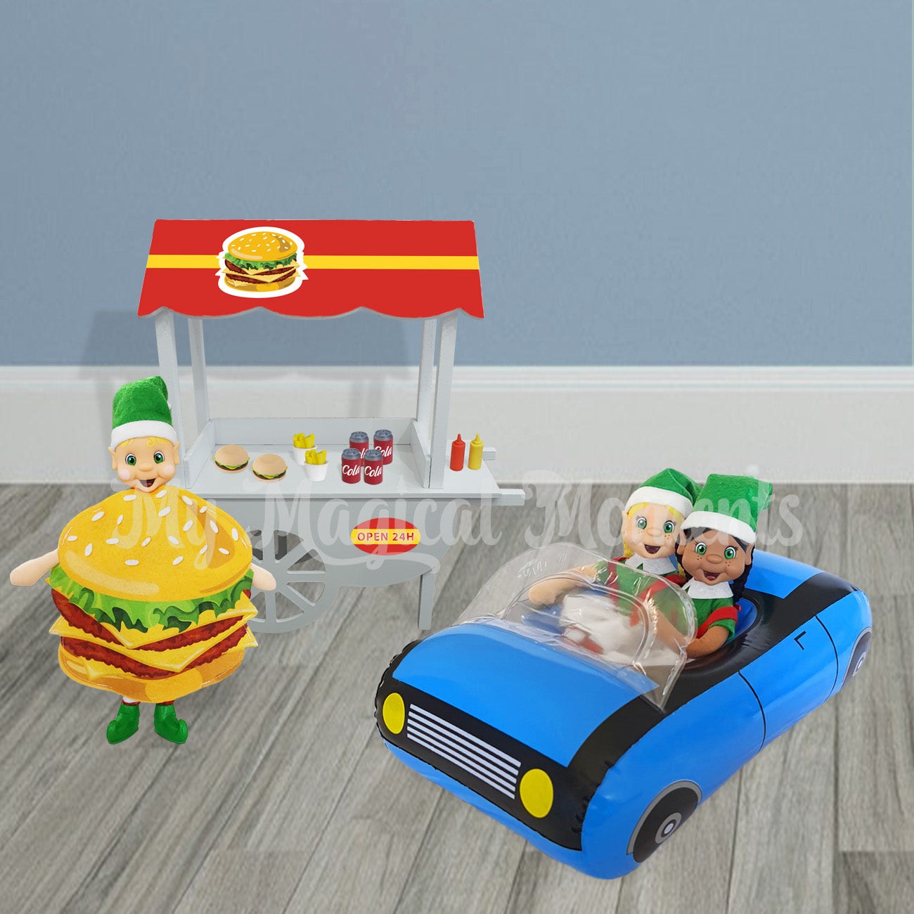 Elf drive thru scene, burger dressed elf serving miniature burgers, cans and fries to elves driving a car