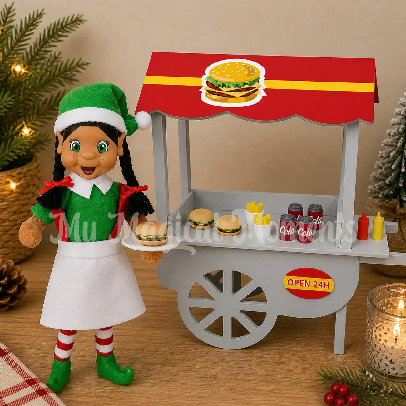 elf selling burgers at a fast food stand