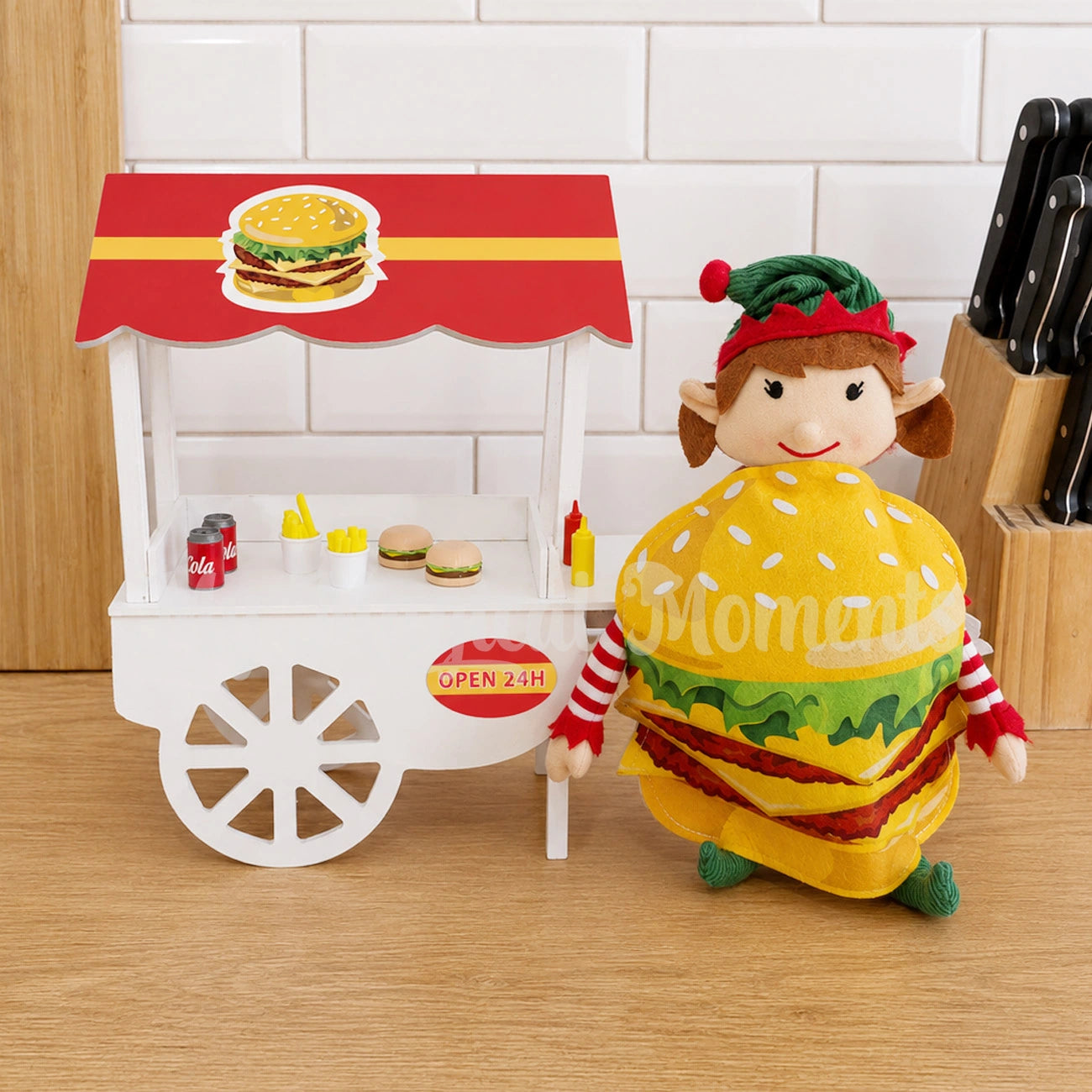 elf selling burgers at a fast food stand