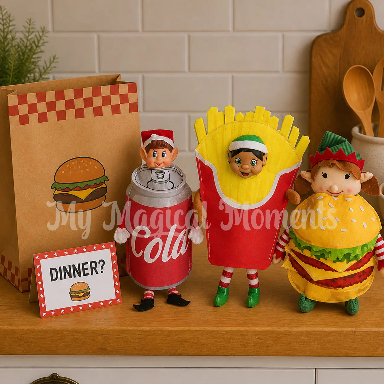 elves dressed up wearing cola costume French fries and a burger costume