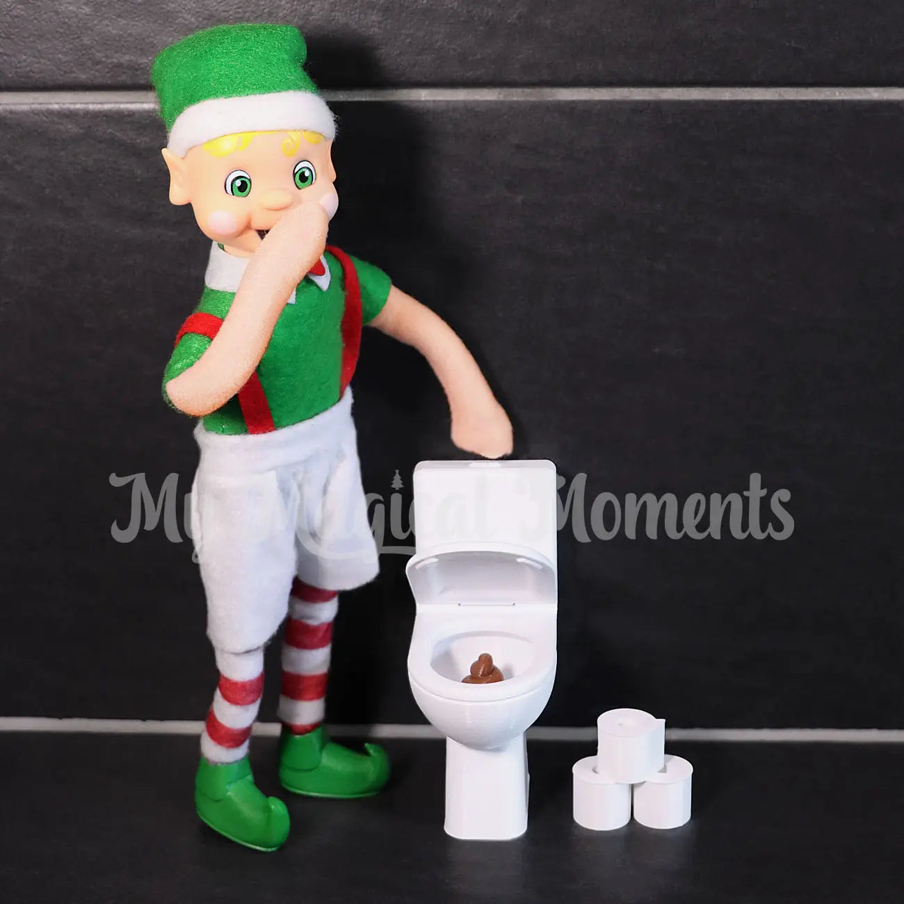Bendable Standing Blonde hair My Elf friends Elf flushing mini elf poo down a elf toilet prop with toilet paper