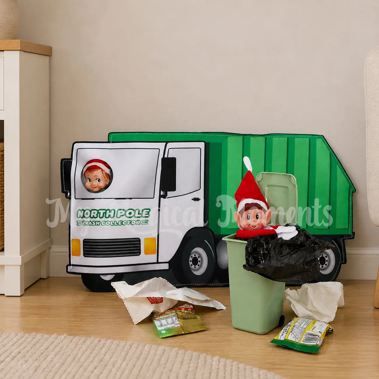 Elf in a mini bin prop with an elf wearing a garbage truck costume