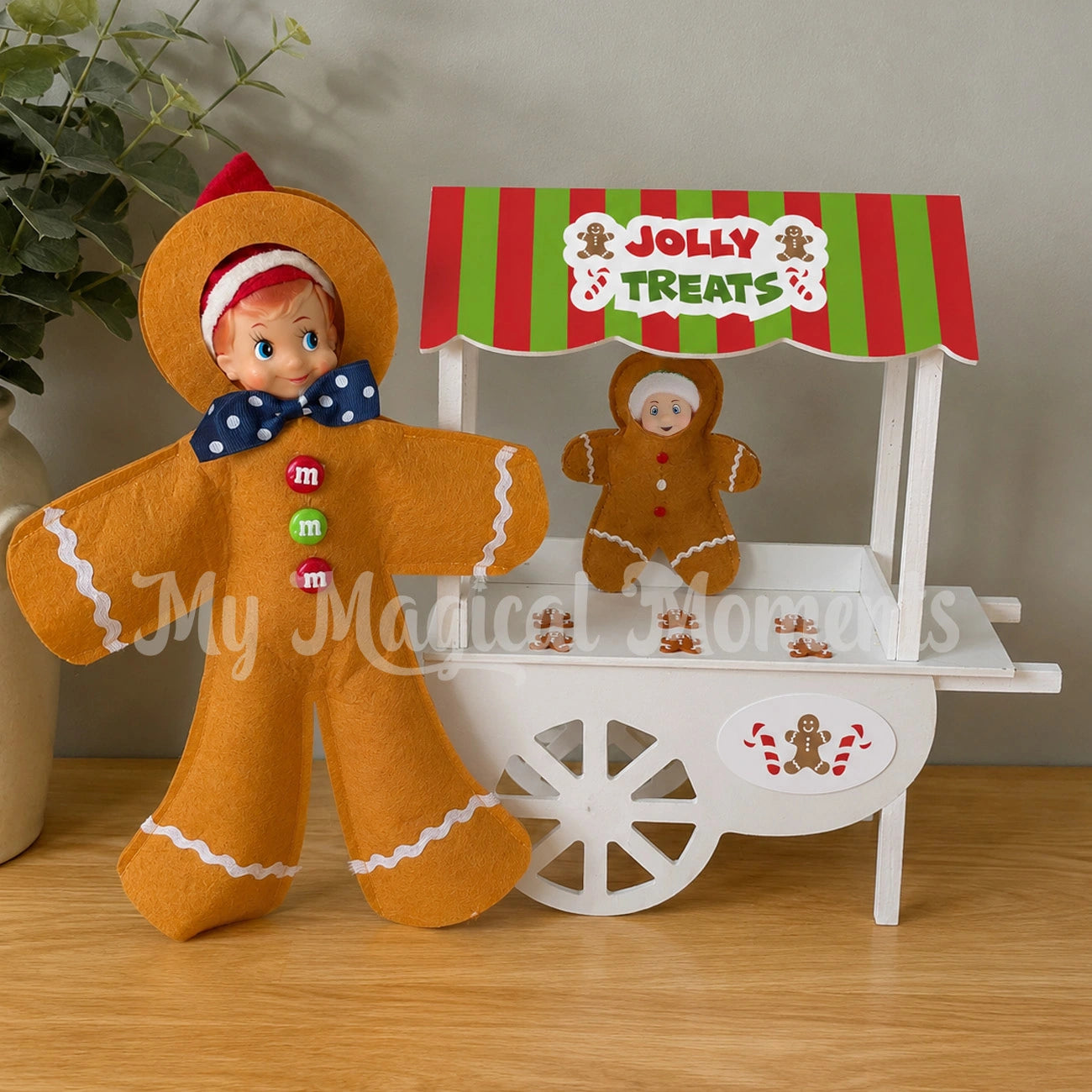 Elf dressed as a gingerbread selling gingerbread cookies