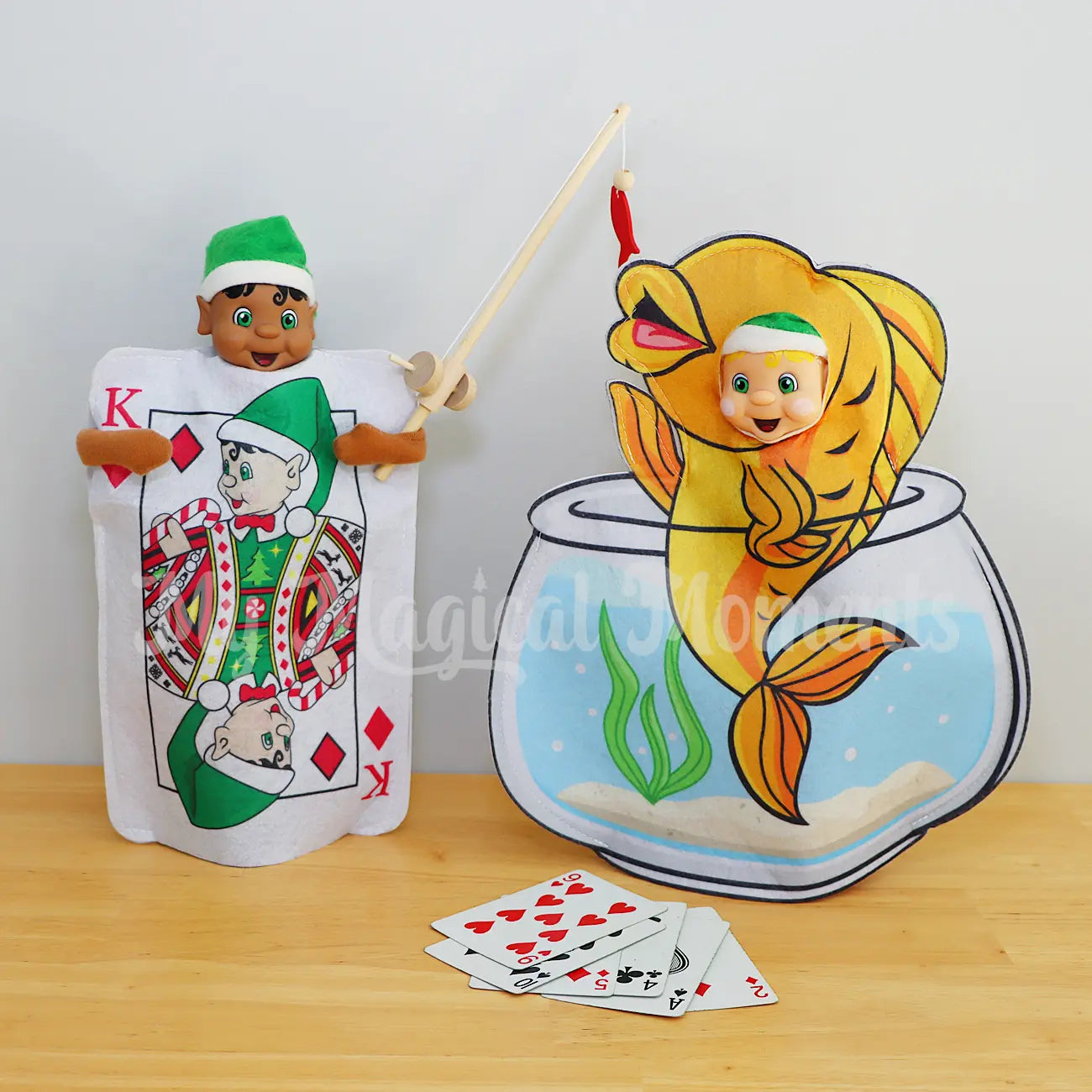 Elf playing go fish with a card costume and a fishbowl costume
