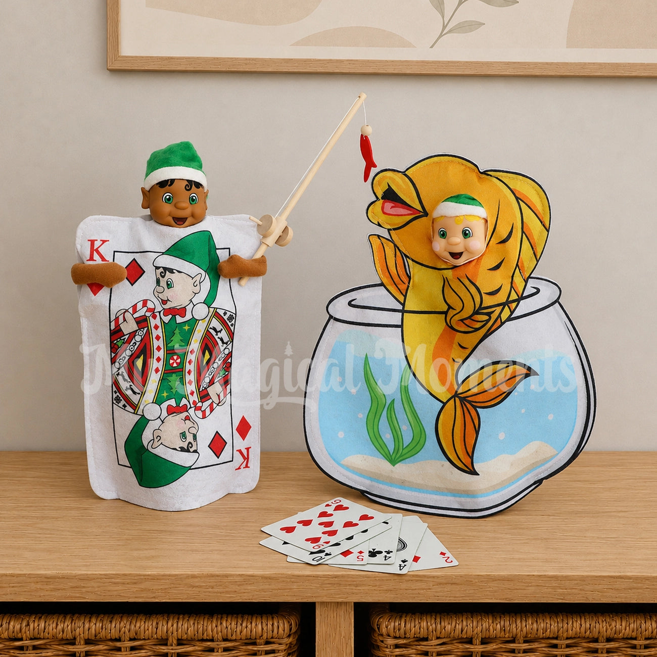 Elf playing go fish with a card costume and a fishbowl costume