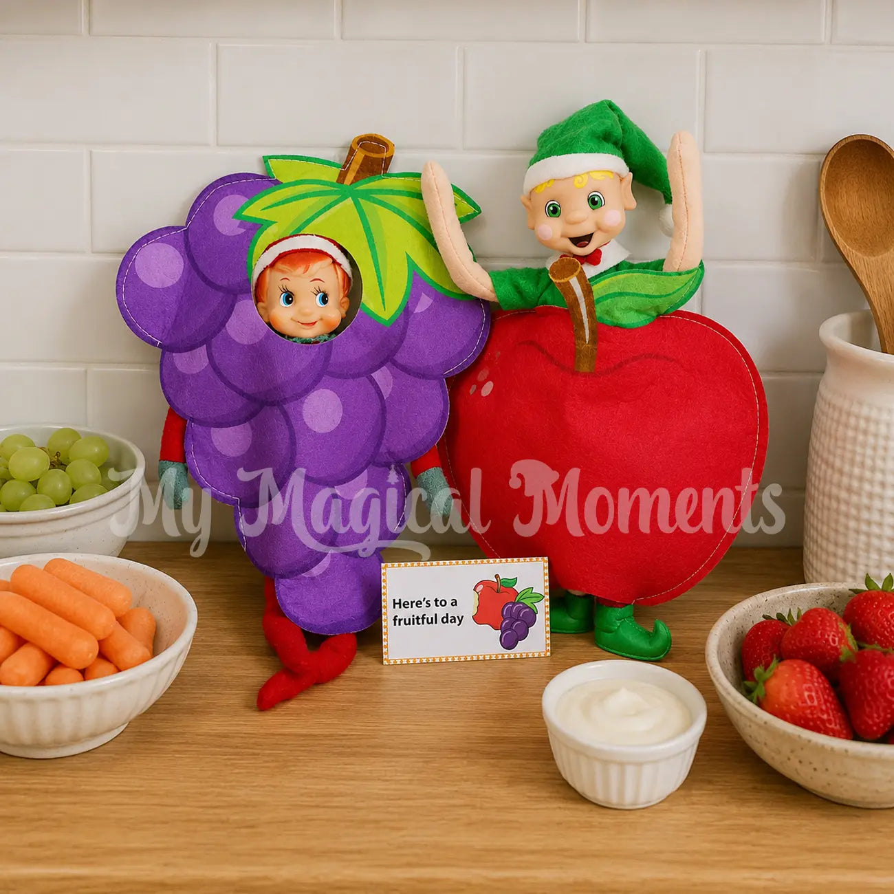 Elves wearing fruit costumes, grape & apples