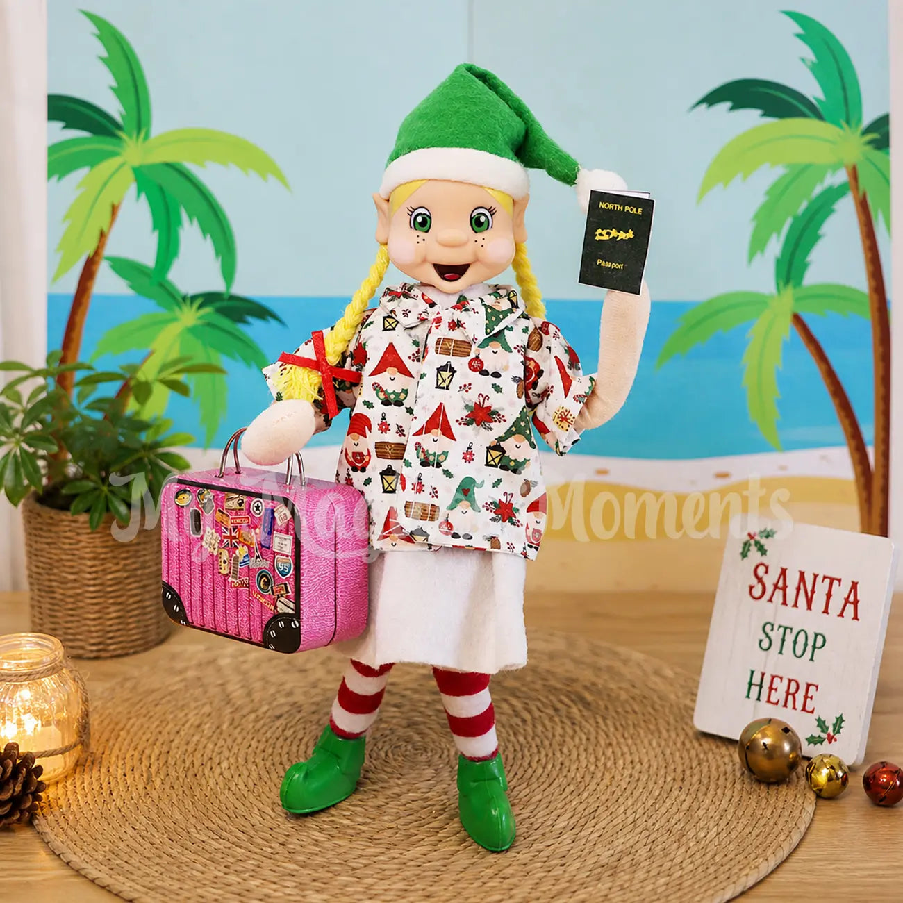 My Elf friends wearing an hawaiian shirt holding a mini suitcase with passport