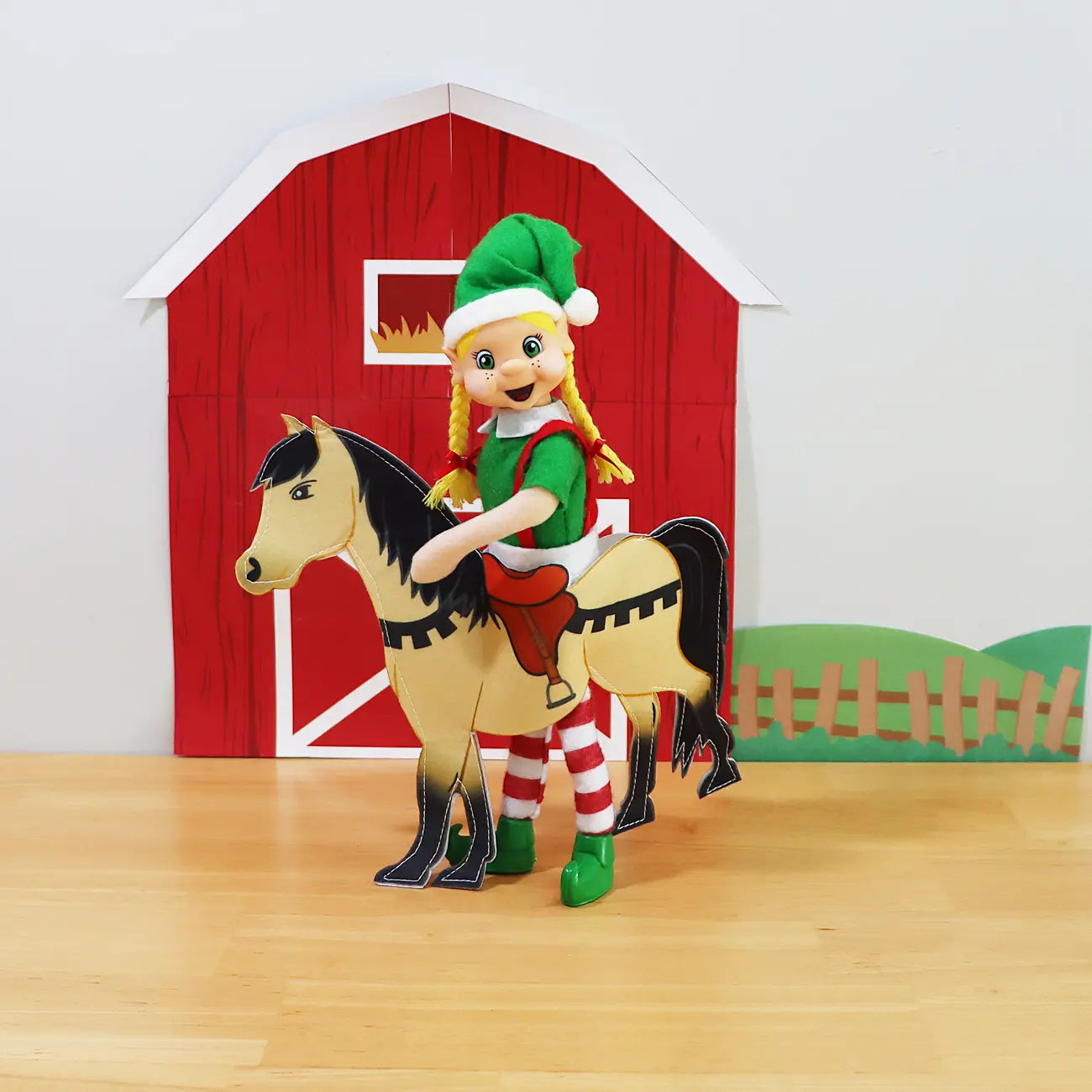 Blonde Hair Elf wearing a horse costume in front of an elf barn printable