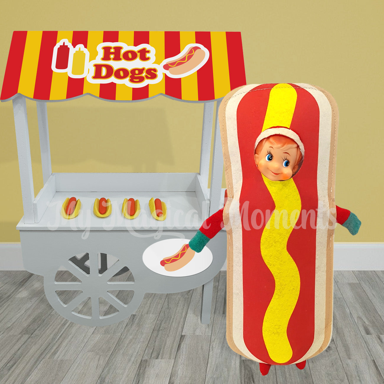 Elf wearing a hot dog costume selling selling sausage sizzles