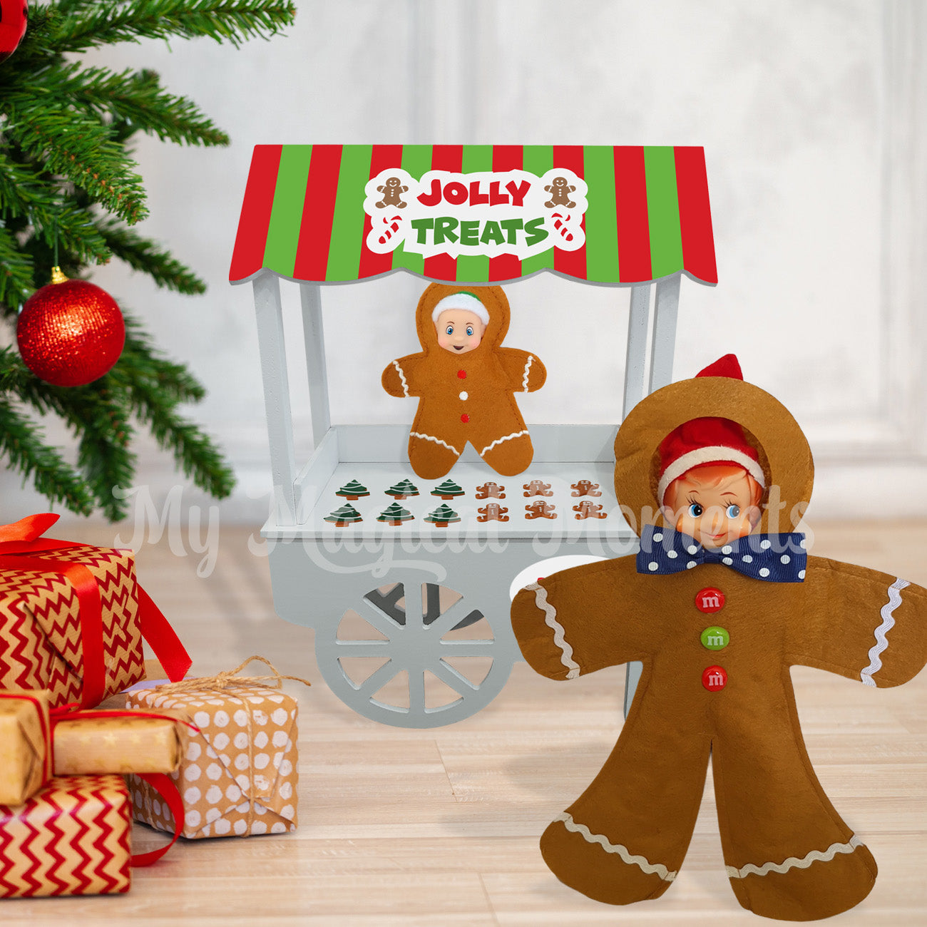 Elf dressed as a gingerbread selling gingerbread cookies
