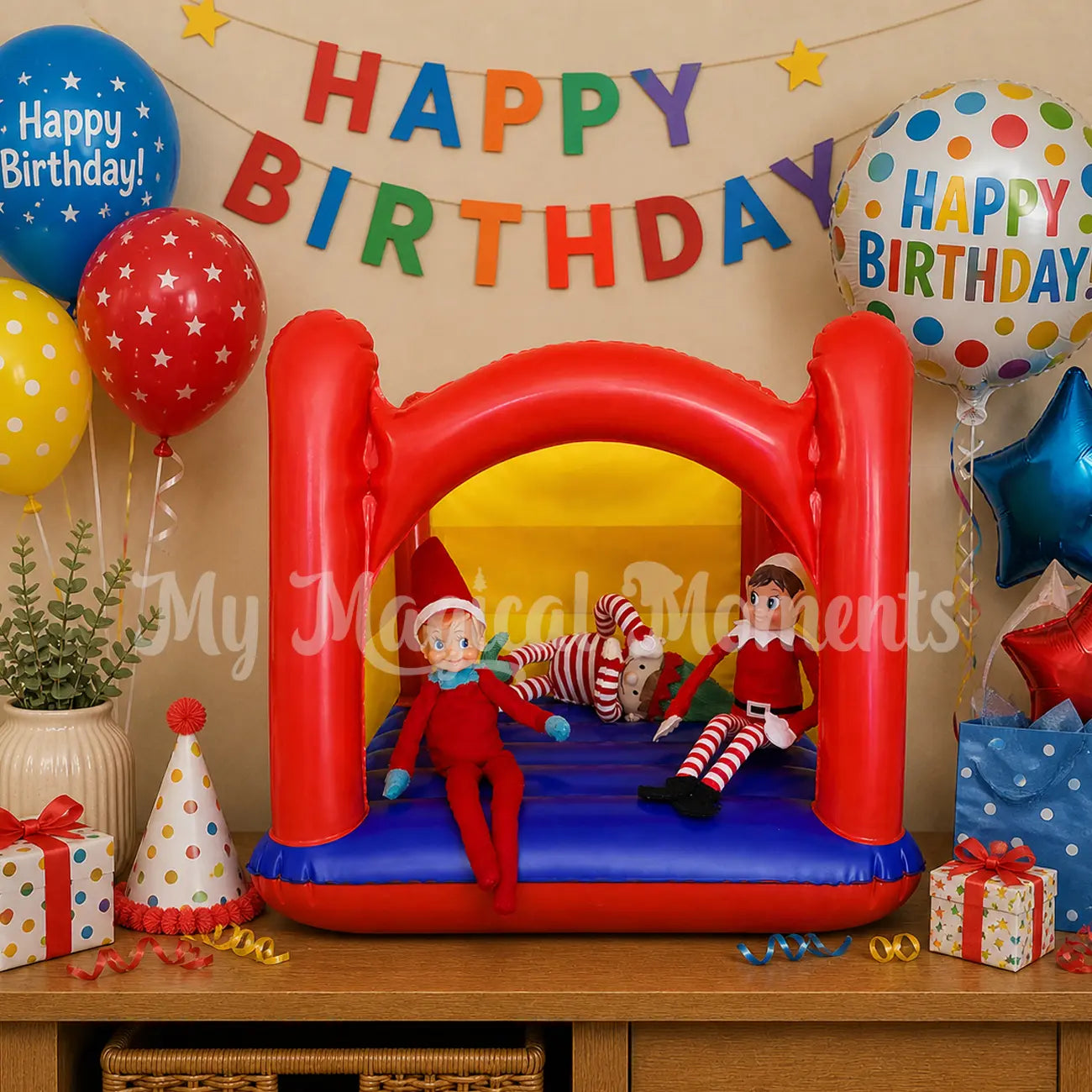 Elves on a jumping castle in a home for a birthday party