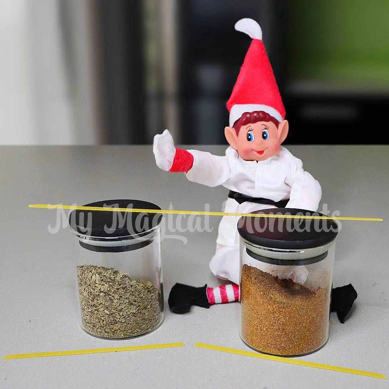 Elf wearing a karate outfit , karate chopping pasta