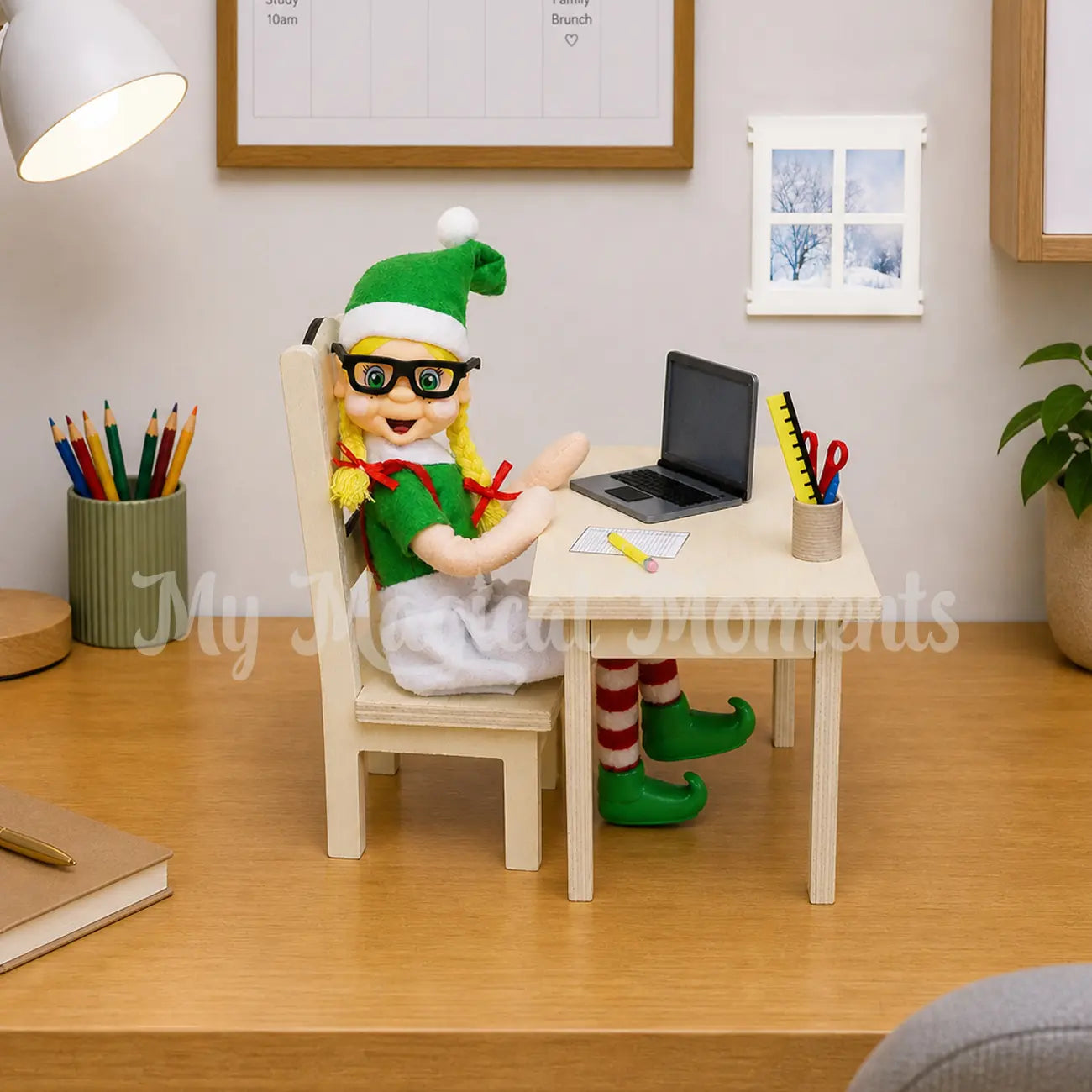 Blonde Hair Bendable elf sitting at an office using a laptop, mini stationery set
