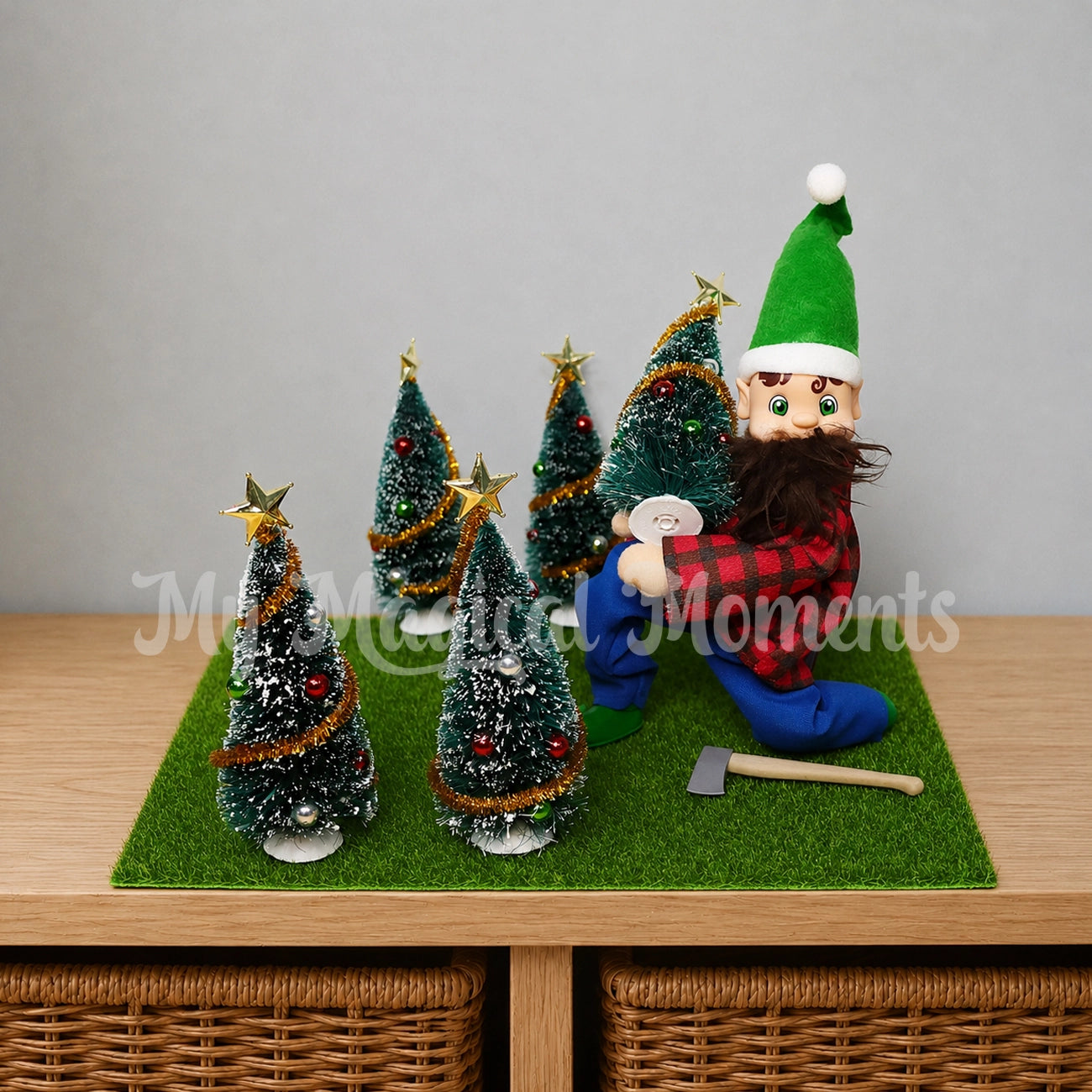 Elf cutting down trees with their mini axe dressed as lumberjack
