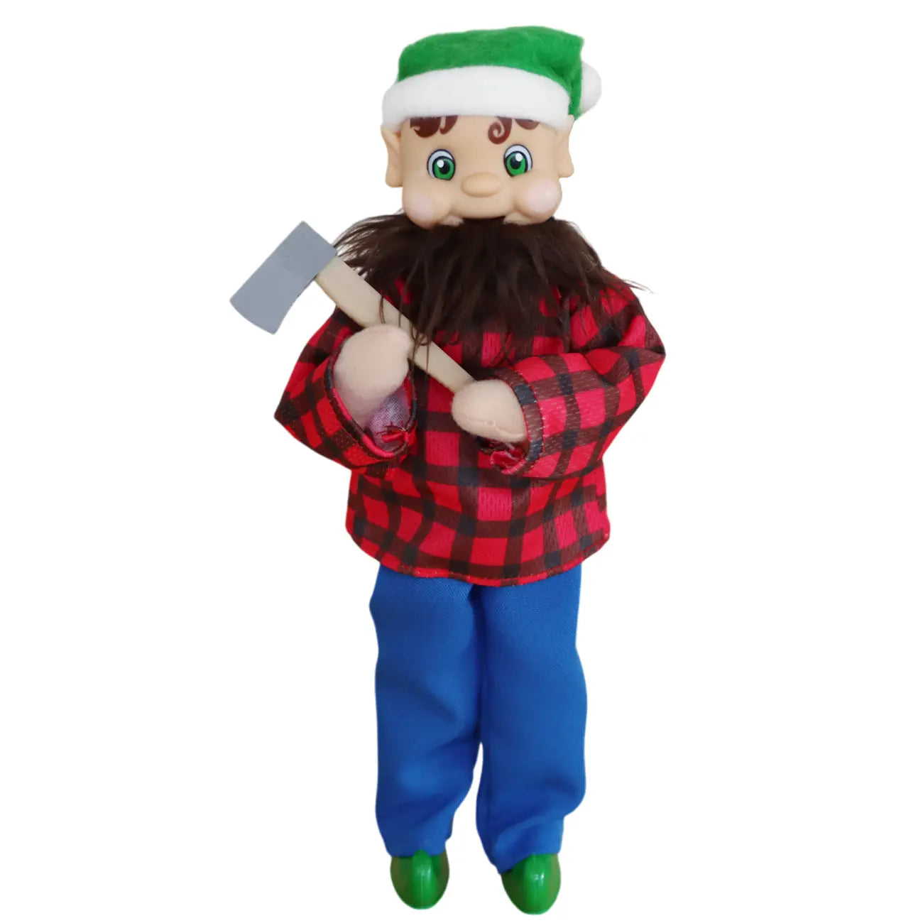 Elf wearing a lumberjack uniform holding an axe .