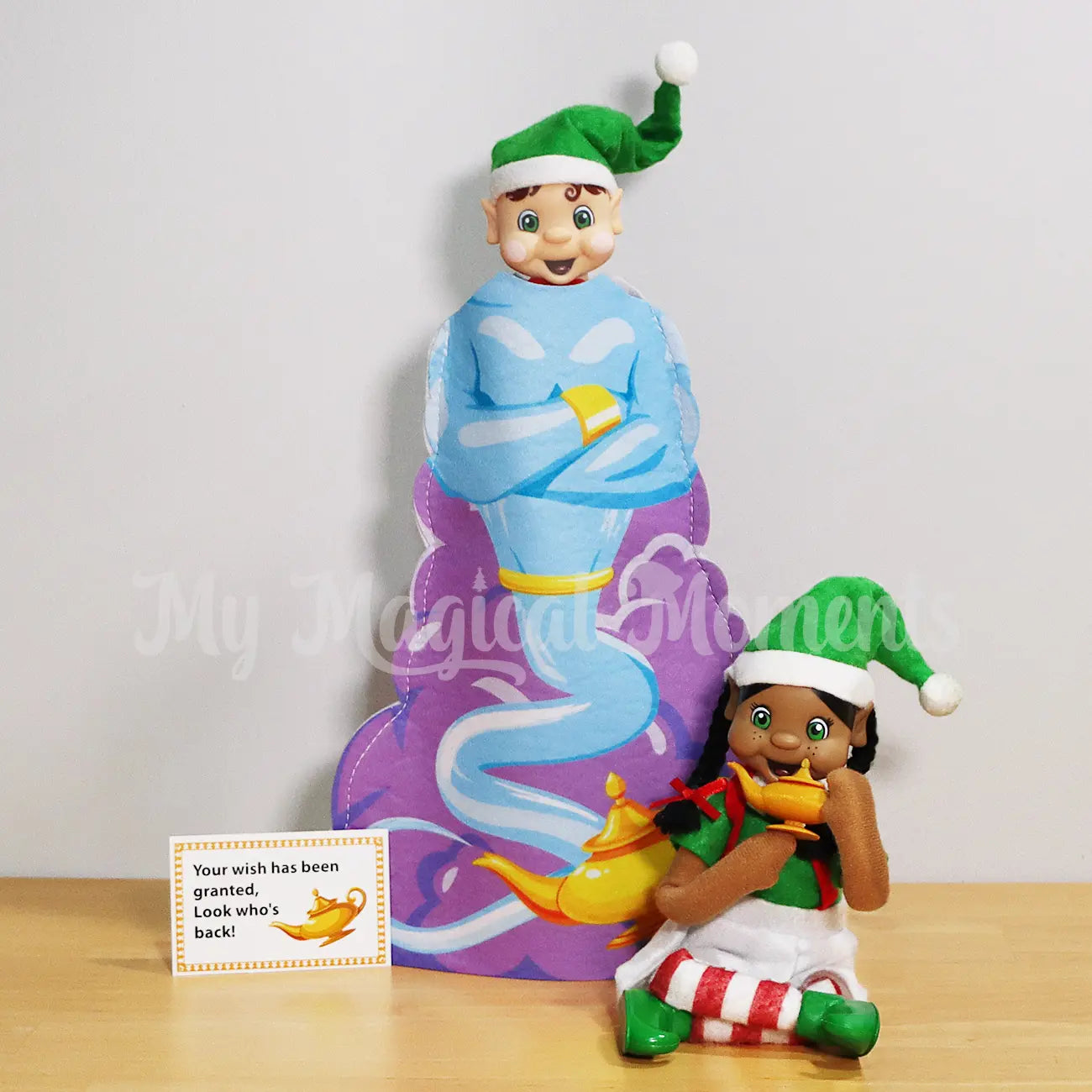 Black Hair Girl Bendable MY Elf Friends rubbing a mini Magic Genie Lamp with a brown hair boy wearing a Genie Costume
