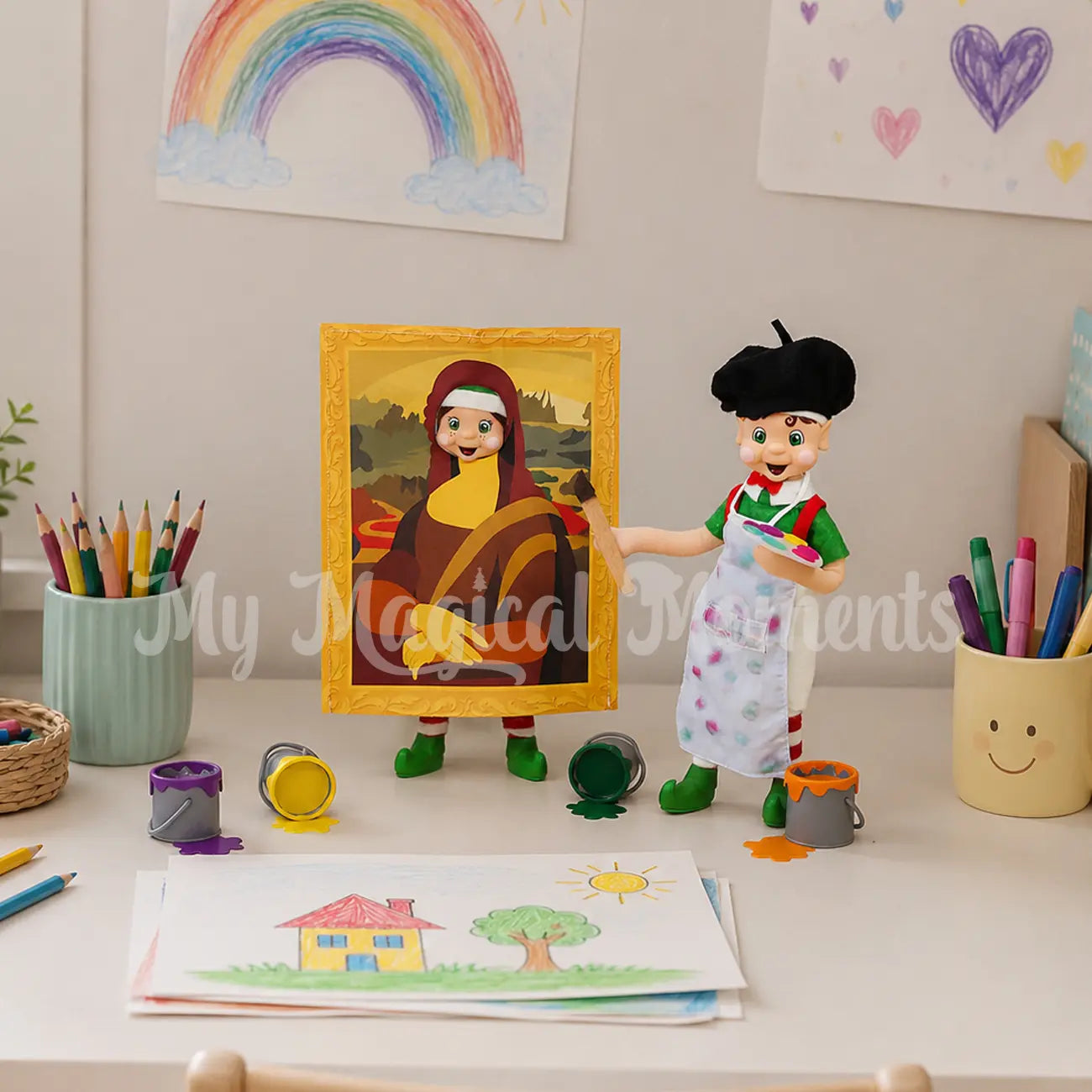 Elf Wearing A Mona List Costume in a frame with an elf wearing an artist outfit. Using mini elf paints