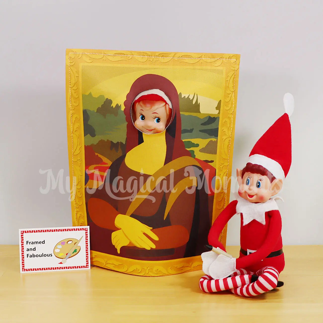 Elf Painting an Elf Mona Lisa with elf dressed in painting outfit