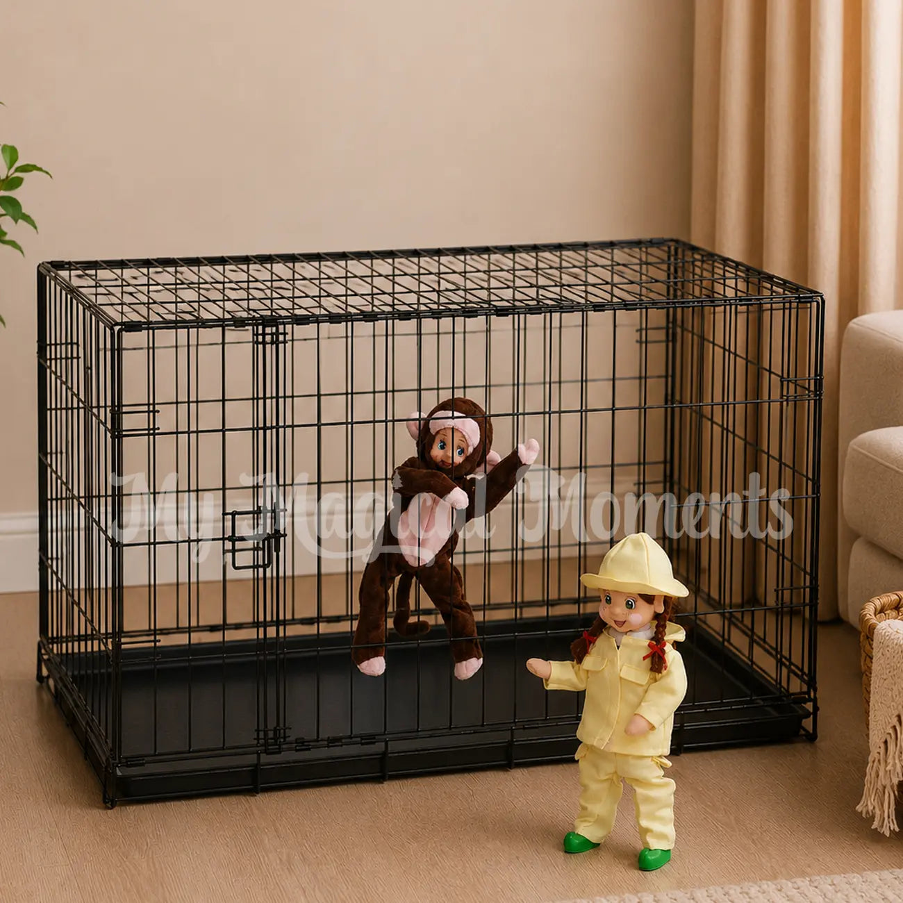Elf dressed as a monkey in a dog catch with an elf dressed as a zoo keeper