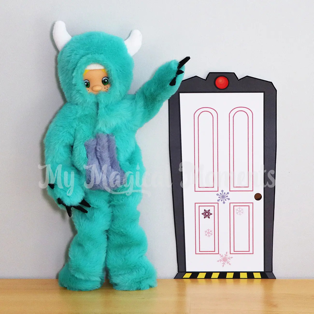 Blonde Hair Bendable Standing Elf Friends wearing a Monsters Sulley like Costume next to a Monsters inc like door
