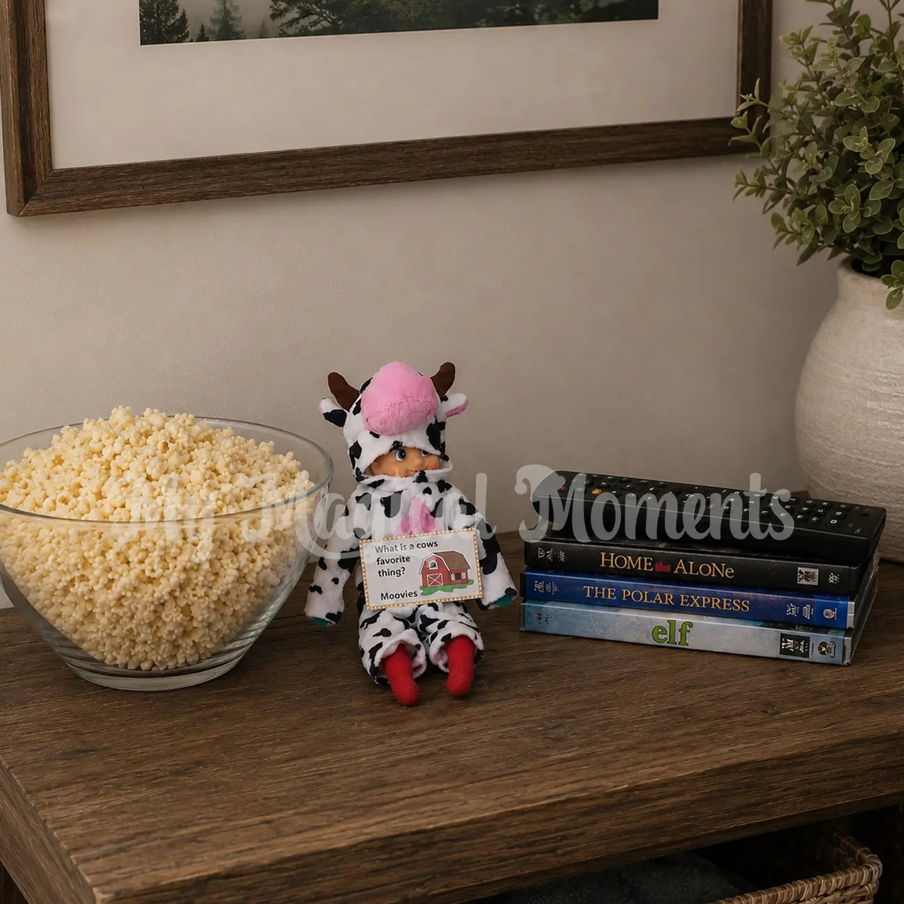 elf wearing a cow costume telling a joke