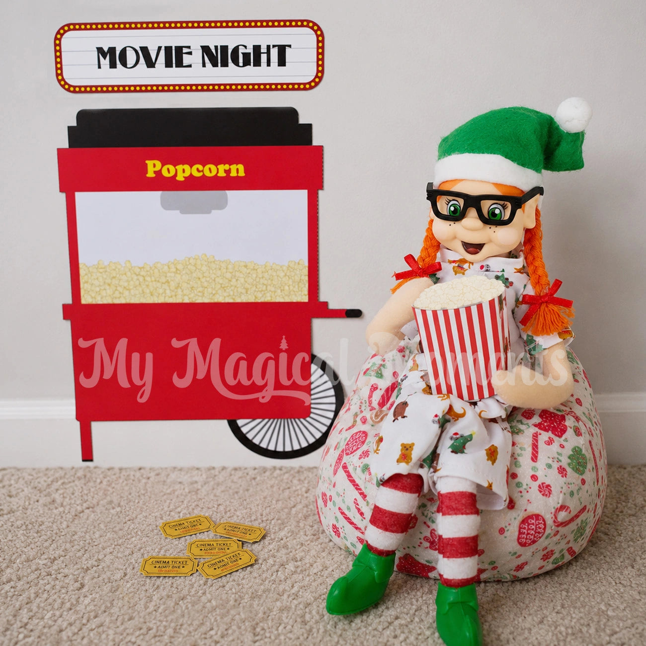 Orange hair elf eating popcorn sitting on a bean bag with toddler for a movie night