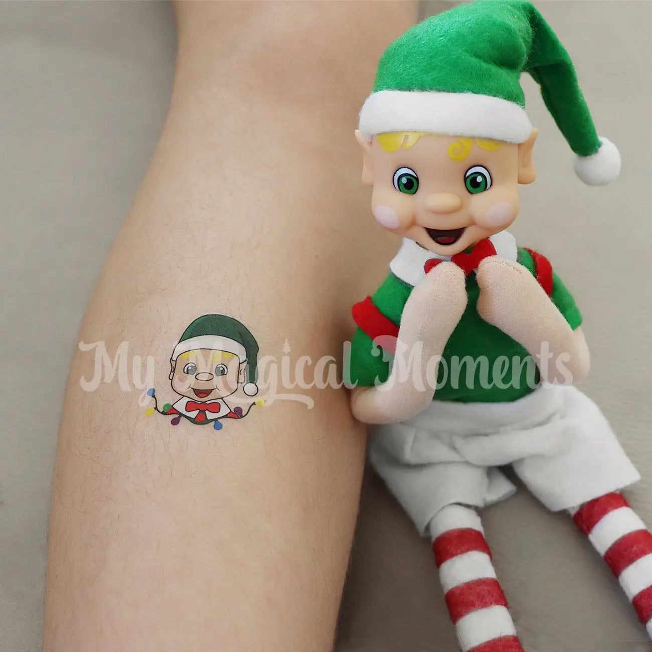 Blonde Hair My Elf Friends Bendable Elf shocked with mini temporary elf tattoo on leg