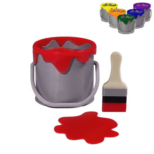 Elf Sized Paint bucket with red paint, brush, and additional buckets in various colors on a white background
