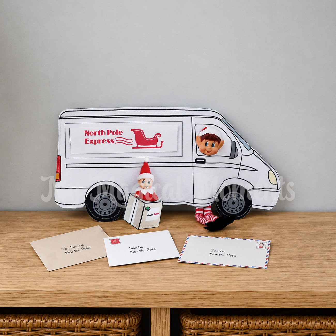 Elf dressed as a van delivering a baby parcel
