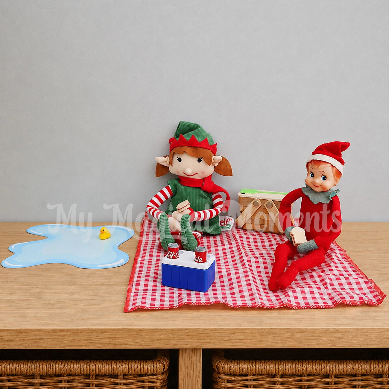 elves having a picnic with puddle printable and mini elf props