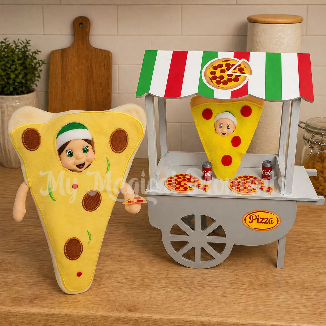 Elf dressed as a pizza selling pizza with an elf baby wearing a pepperoni pie outfit