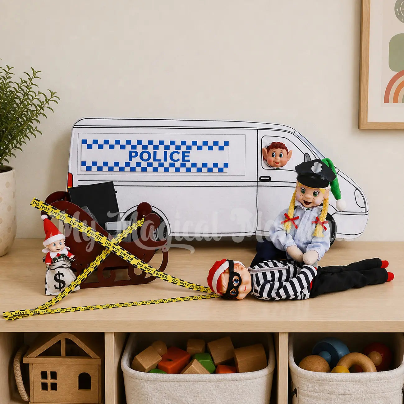 Elf wearing a police uniform catching a elf burglar