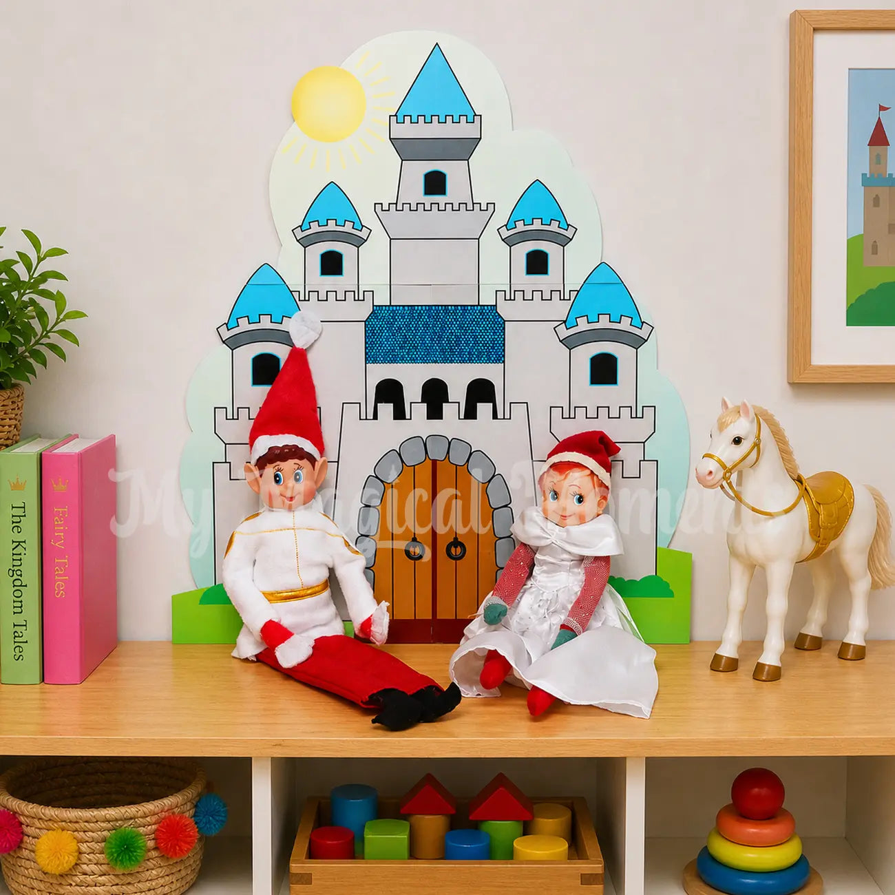 elves dressed in prince & princess costumes in front of a printable castle