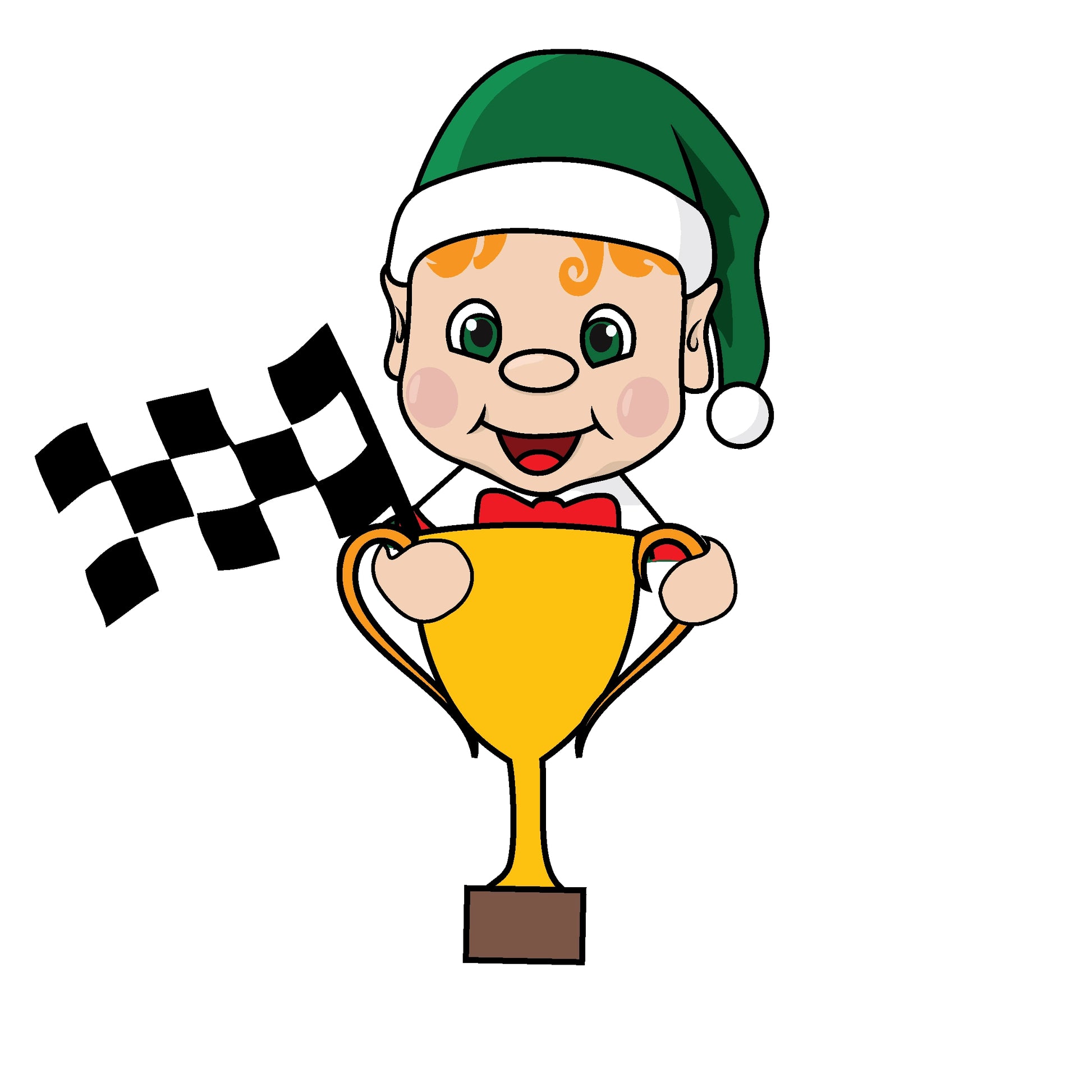 Racing Elf Clipart, Holding chequered flag and trophy
