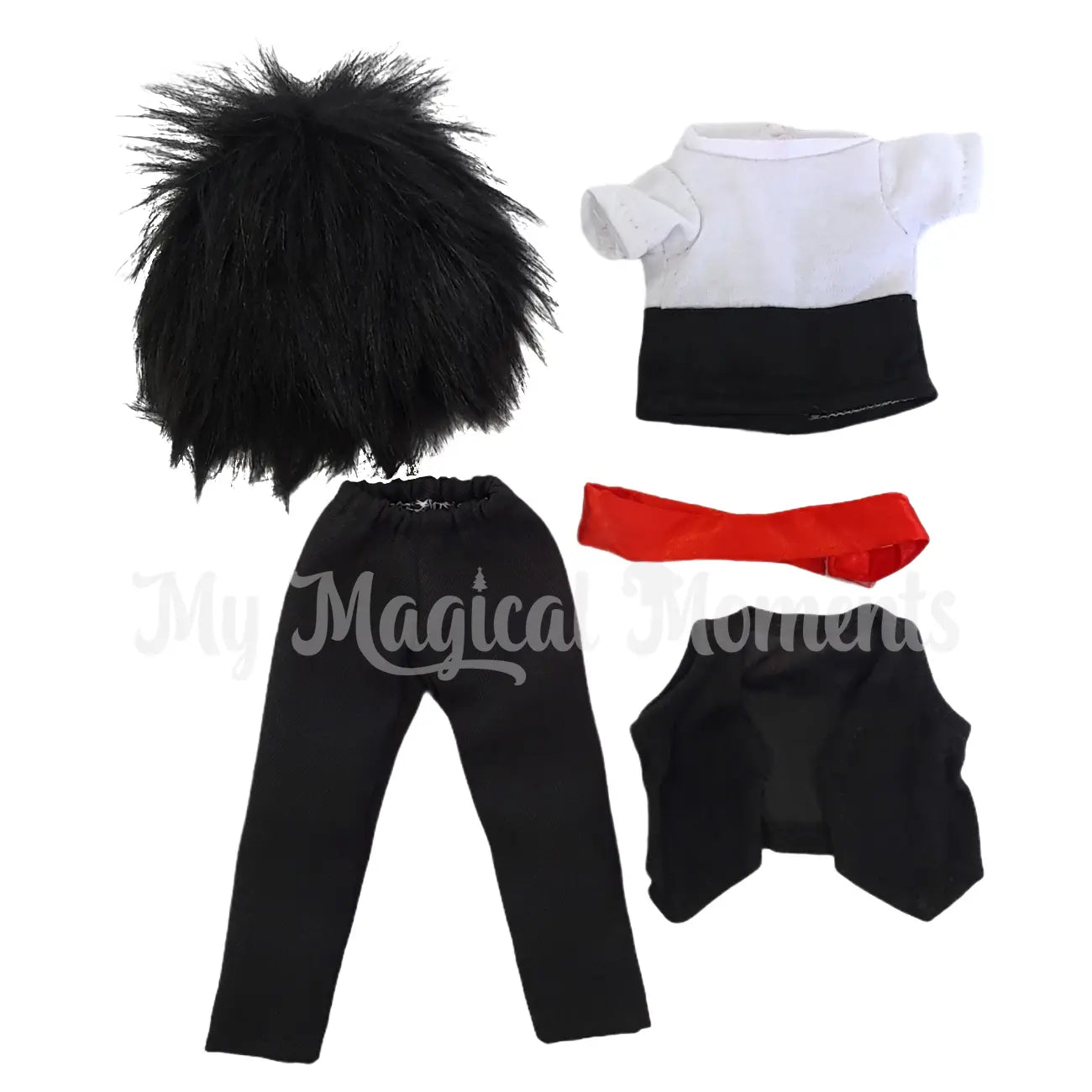Rockstar elf costume, black wig, rocker vest,