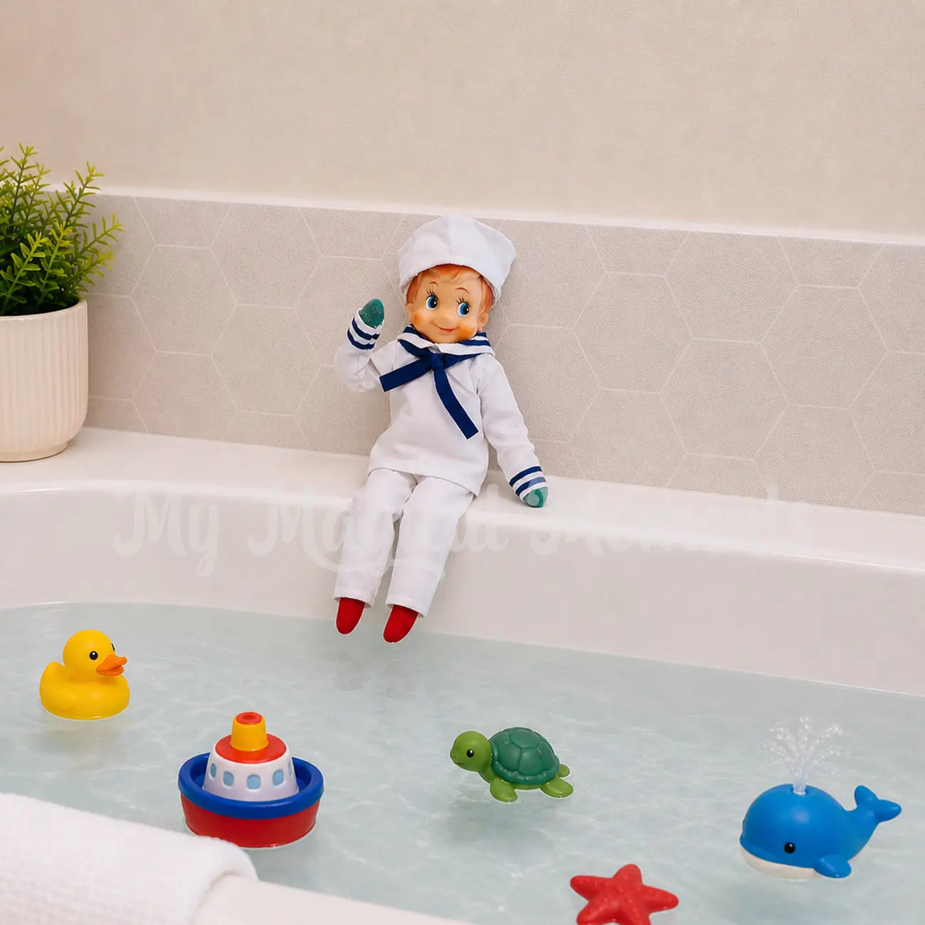Elf wearing a sailor Costume at the bathtub