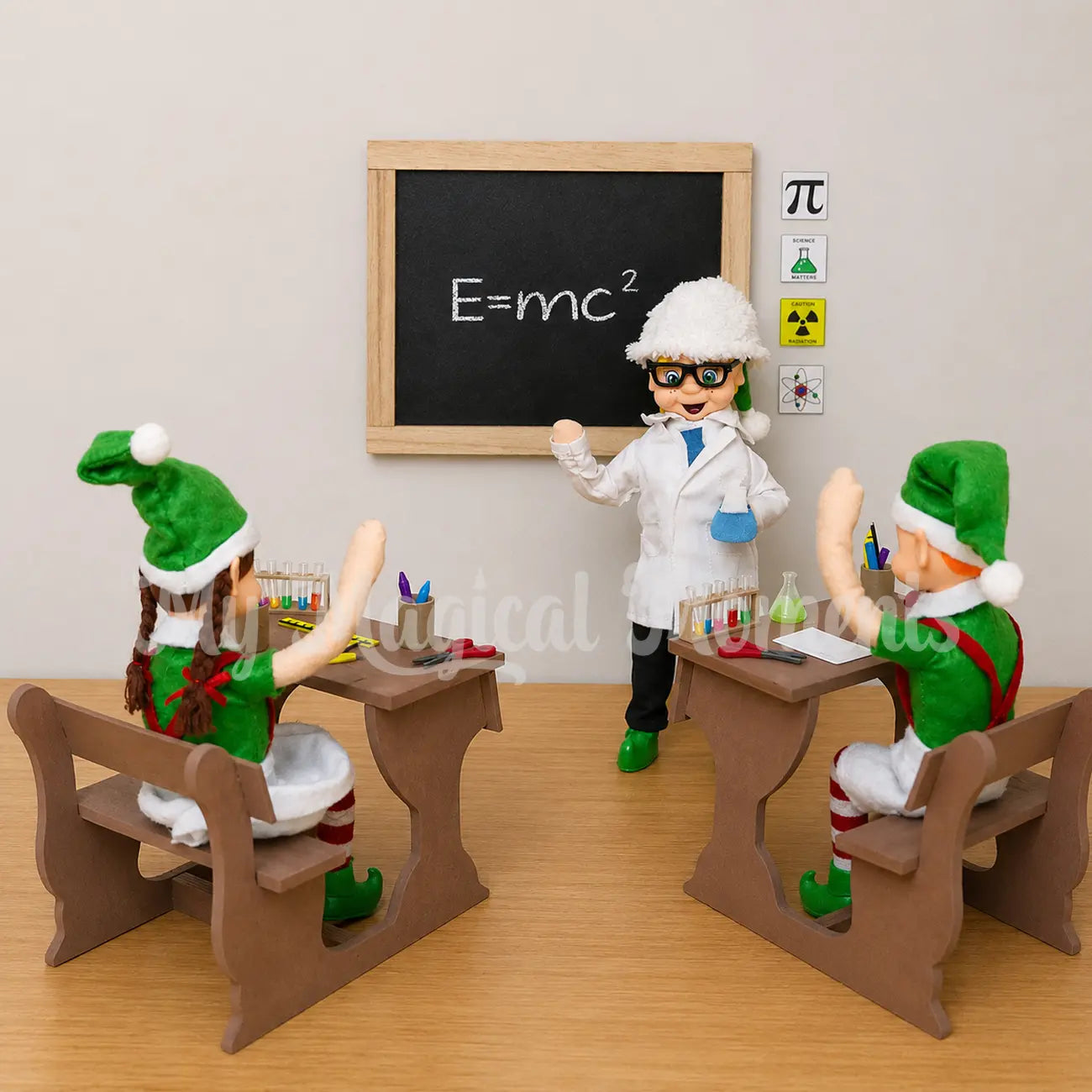 Elf dressed as a scientist teaching elves in mini school desks, Stationery and chemistry sets